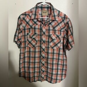 WRANGLER Vintage Pearl Snap Short Sleeve Plaid Button Down Orange Green Men's L